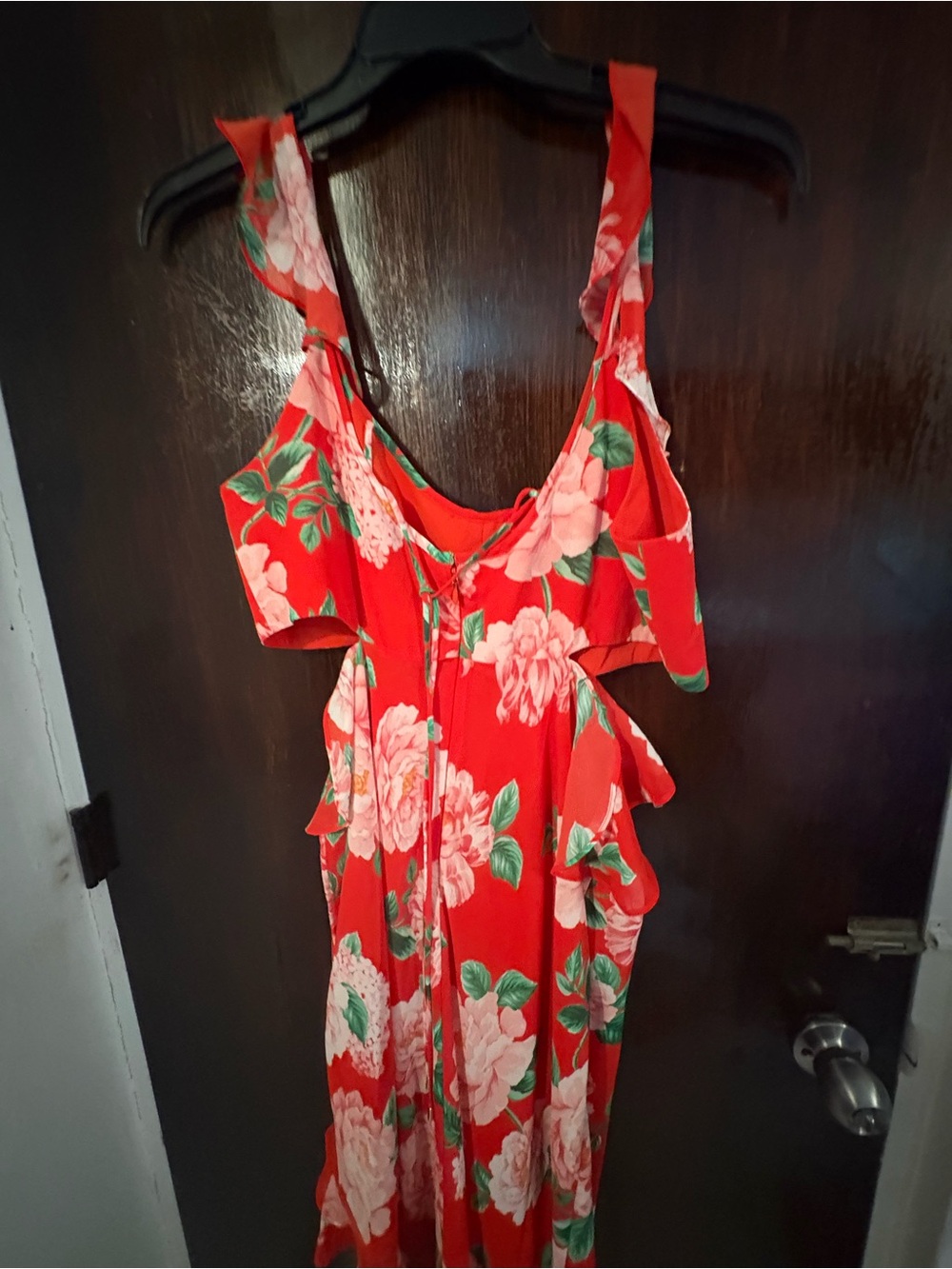 Ever New Red Floral High-Low Ruffle Maxi Dress. Size Large. - Picture 9 of 10